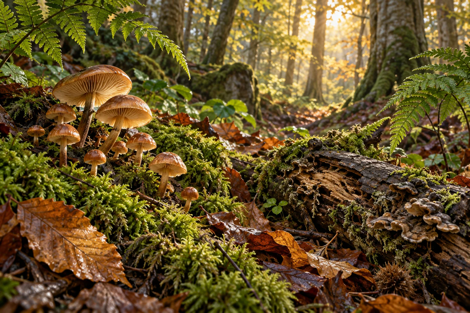 Künstlerischer Waldboden mit braunen Pilzhüten, Moos, Farnen und einem morschen Ast