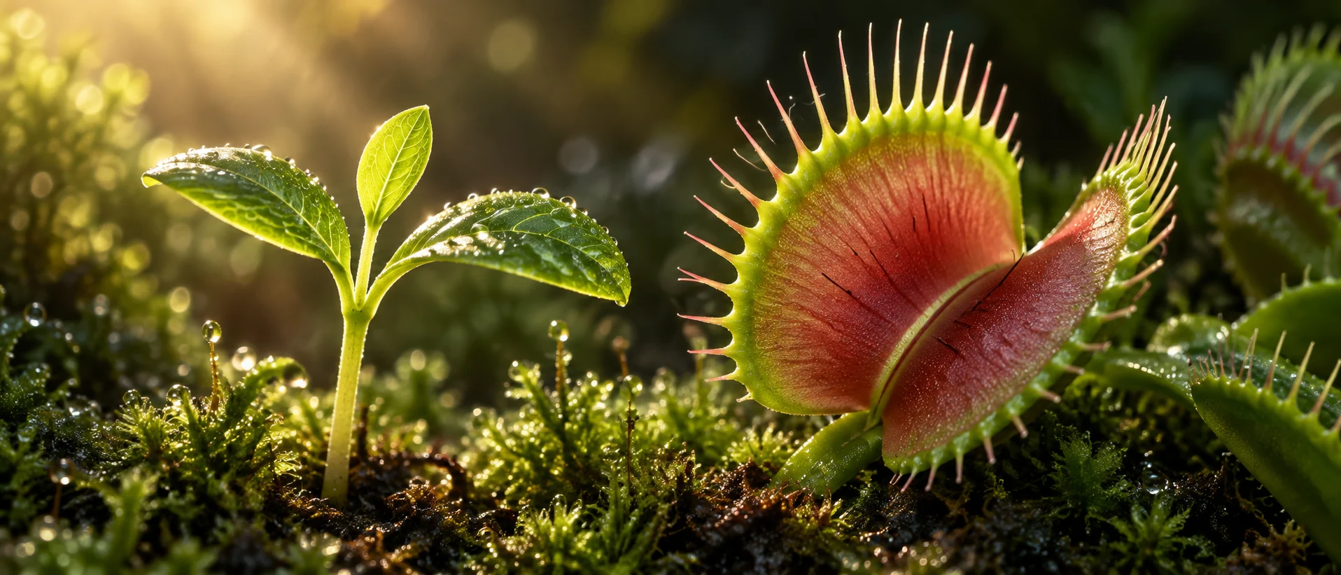 Künstlerische Bildwelt: ein junger grüner Trieb im Sonnenlicht neben einer geöffneten roten Venusfliegenfalle
